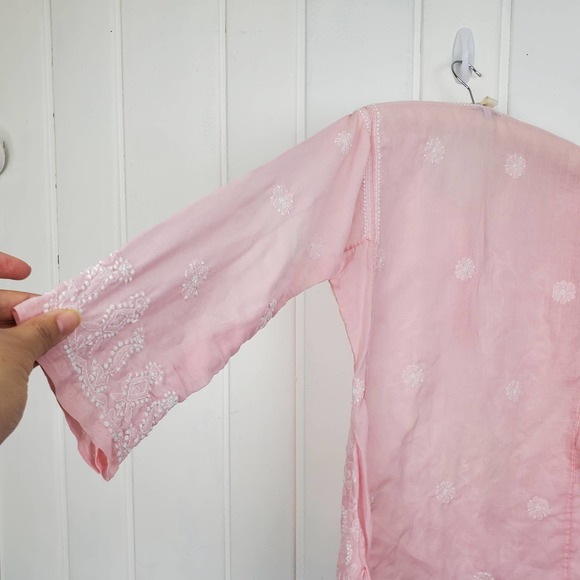Vintage Hand Embroidered Pink Cotton Floral Bohemian Henley Womens Medium - Picture 5 of 9
